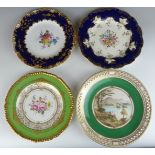 Four Royal Crown Derby cabinet plates including a reticulated example with landscape scene 'View