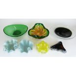Seven pieces of Murano and similar green, blue and yellow glassware including handkerchief vases,