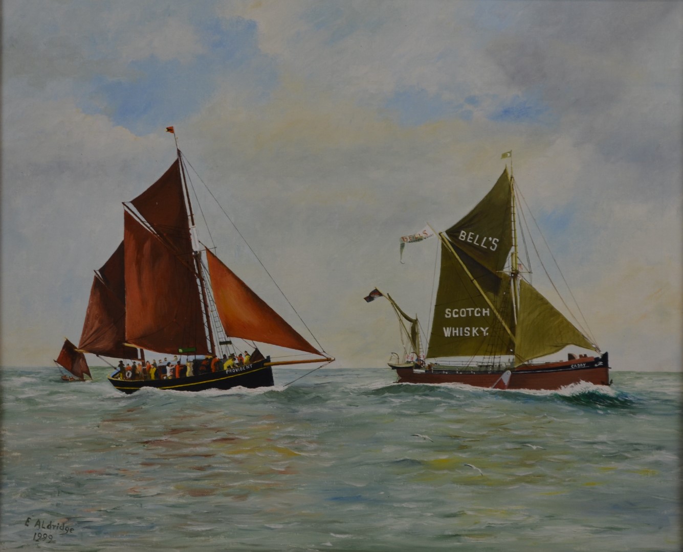 Eric Aldridge (Arlingham, Gloucestershire) acrylic on board sailing ships Provident and Cabby at