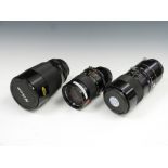 Three Vivitar SLR camera lenses comprising 90mm 1:2.5 with macro adaptor, 200mm 1:3.0 and 135mm 1: