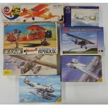 Seven plastic model aeroplane kits including Airfix Same Day Flyers, Heller, MPM, Nichimo etc, all