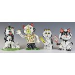 Four Lorna Bailey cat figures comprising a prototype Darts figure, Golf, Tennis and Cricket, tallest