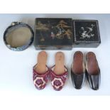 Two pairs of Chinese shoes, two Chinese boxes with mother of pearl inlay, a lacquer box and a