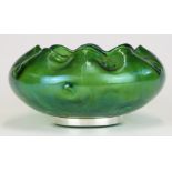 Loetz Rusticana green glass bowl with white metal rim, 17cm in diameter.