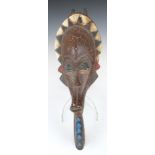 African tribal elongated carved mask with geometric designed head dress, H51cm