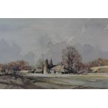 Rowland Hilder (1905-1993) signed print of an oast house in autumnal landscape, 40 x 60cm, in gilt