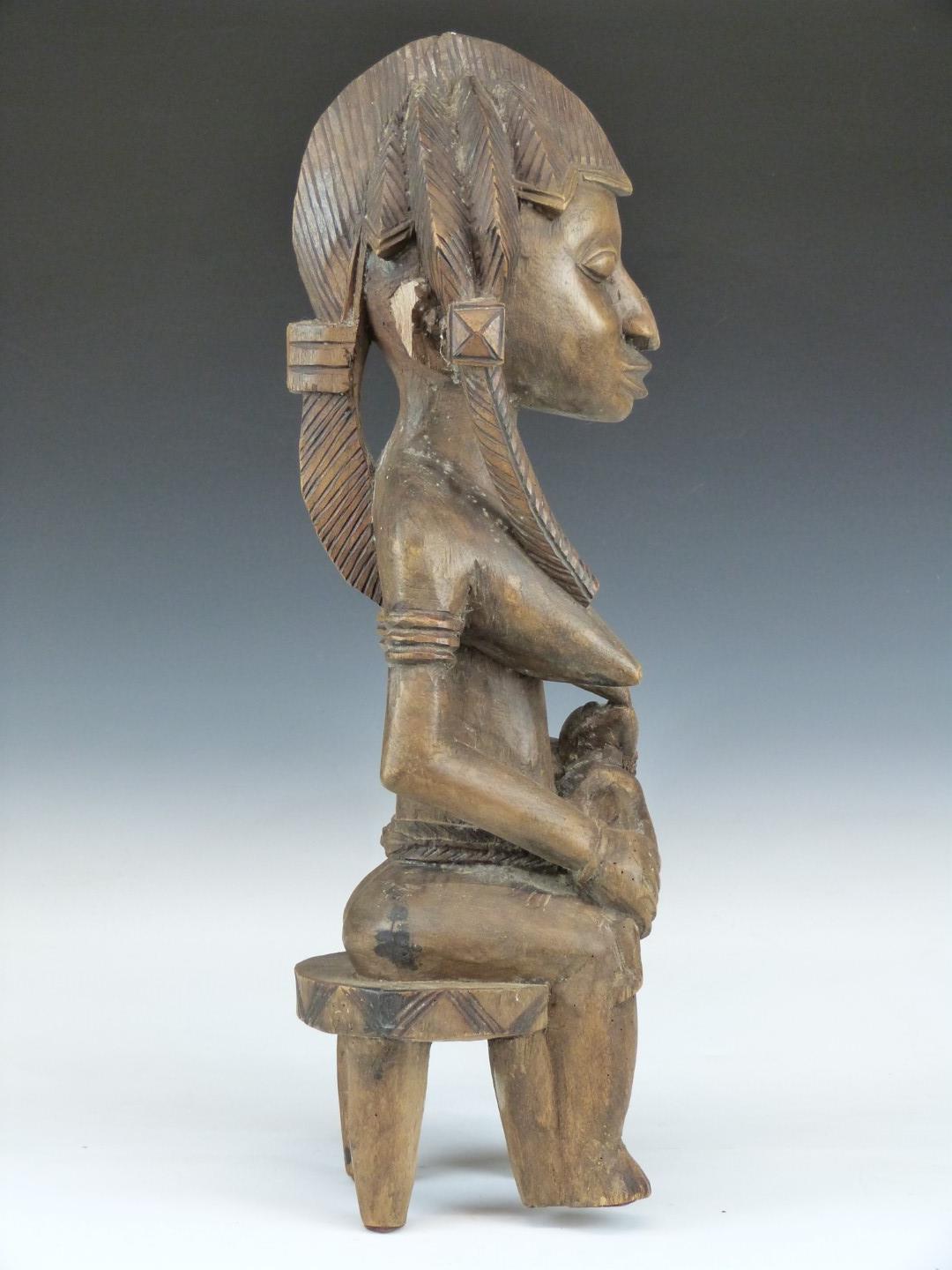 African tribal Bamana carved fertility/ maternity figure of a seated mother feeding her child, - Image 4 of 5