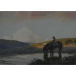 Joseph Kirkpatrick (1872-1936) watercolour 'Close of Day' pair of heavy horses and rider watering at