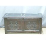 19thC carved oak coffer, W120 x D53 x H58cm