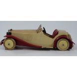 Meccano Constructors Car No 1 with cream body and hubs, red seats and mud guards and white tyres,