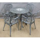 A cast metal circular garden table and four chairs, diameter 79 x H73cm