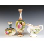 Two Royal Worcester vases and a pedestal jug, all with hand decoration of roses in the style of