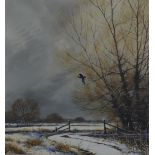Simon Trinder (British contemporary) watercolour of a woodcock in flight in winter landscape, 32 x