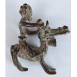 African tribal Baule bronze equestrian figure with drum around the neck of the horse, H6cm