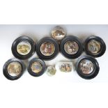 A collection of ten Prattware pot lids, most framed