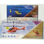 Two E-flite Blade radio controlled helicopters CX2 and MCX, both in original boxes.