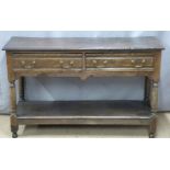 Antique style oak dresser with two drawers and shelf below, W124 x D44 x H77cm