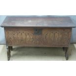 17th/18thC elm coffer with carved decoration, W99 x D42 x H58cm