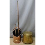 Art Nouveau brass coal scuttle and hammered copper example, tallest 39cm