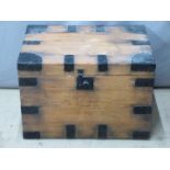 A metal bound pine travelling box / trunk, W62 x D40 x H42cm