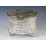 Chinese Han dynasty green glazed terracotta covered censer raised on three hoof feet, with