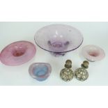 Six pieces of decorative glassware including Monart/ Vasart style bowls, control bubble bowl and a