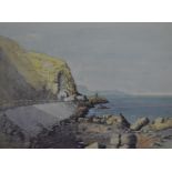 R G Mulree (Irish, contemporary) watercolour of Black Arch, Antrim Coast Road, Northern Ireland,