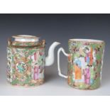 A 19thC Canton Chinese famille rose tankard and teapot with figural decoration, both 13cm