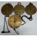 Four Salter spring balances with circular brass dials comprising 250lb, 80T 5lb on wall bracket,