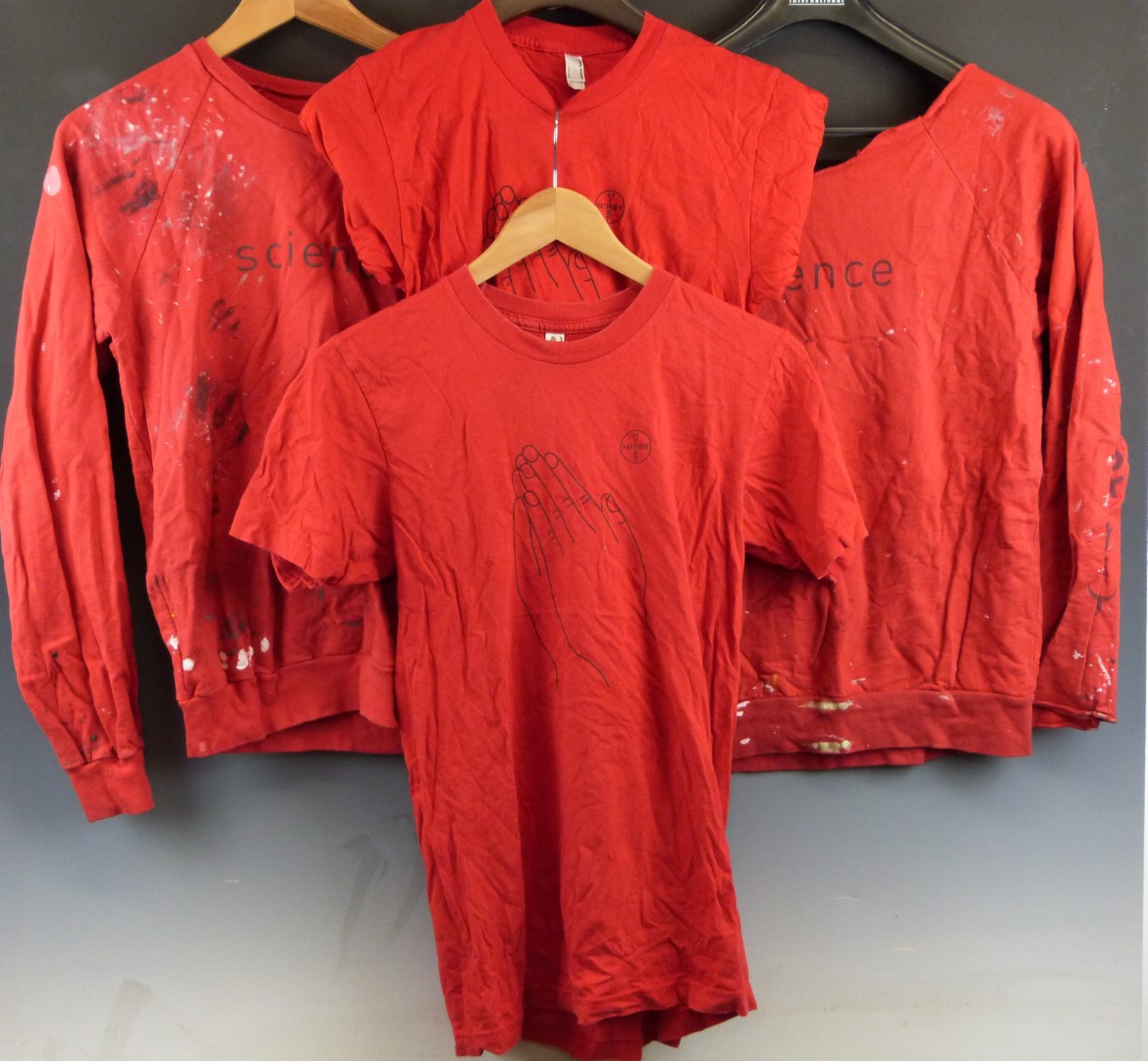 Four red Damien Hirst/ Science sweatshirts/ T-shirts with Hirst logos front and back, size S,