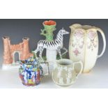 Two Staffordshire spill vases including figural zebra example, ironstone, Caldwell and Crown Devon