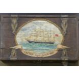 A vintage metal bound painted pine chest with decoration of a sailing ship, 'Maps and Charts,