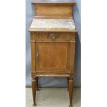 Mahogany marble topped bedside cabinet  with inlaid decoration and single drawer over cupboard