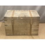 A large 19thC metal bound seaman's or silver chest with two loop drop handles either end and felt