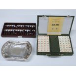 Chinese Mah Jong set, hardwood abacus, plated basket and toast rack