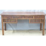 Mahogany or similar desk or side table fitted three drawers and slatted decoration below, W159 x D59
