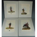 A set of six mounted prints of 15th-17thC military figures including Crossbow Men and Thomas