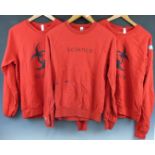 Three red Damien Hirst/ Science sweatshirts with Hirst spot design to sleeves and logos front and