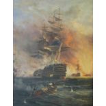 19th/20thC large oil on canvas of an 18th/19thC Naval battle with at least three Royal Navy ships of