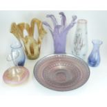 Seven pieces of Murano, Caithness and similar vases and bowls, largest 34cm tall, one in original