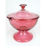 Cranberry glass covered pedestal punch bowl, 29cm in diameter, 30cm tall.