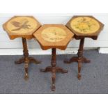 Four marquetry octagonal side tables with eagle, swan with cygnets and rose decoration, two signed J