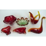 Eight pieces of Murano and similar red glassware including bowls, vases etc, largest 29cm tall.