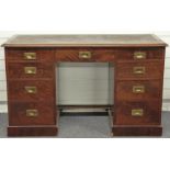 19th/20thC campaign style oak and mahogany desk, W 129 x D 54 x H 78cm