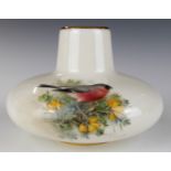 Royal Worcester porcelain squat pedestal vase decorated with a bullfinch, signed H Powell, H7cm