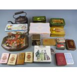 Vintage tins and other collectables to include copper kettle, card games, badges and buttons
