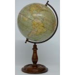 Bacon's Excelsior 12 inch globe on turned wooden stand