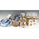 A collection of ceramics and glass including Royal Winton plates, a set of six cut wine glasses,