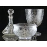 Tudor Crystal cut glass and engraved decanter, large goblet shaped wine cooler/vase and a pedestal