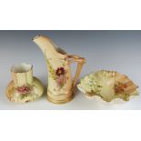 Three pieces of Royal Worcester blush ivory porcelain including a tusk vase, tallest 15.5cm